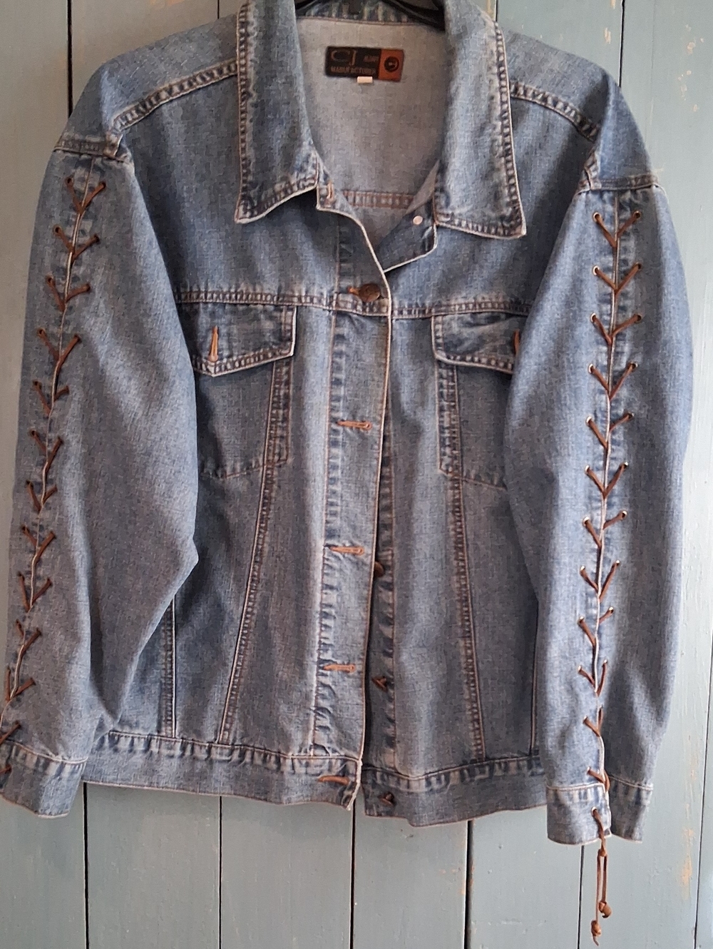 Lace-Up Sleeve Light Blue Denim Jacket 2xl